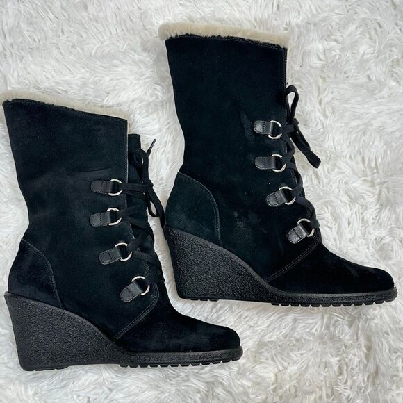 Cole Haan Nike Air Women Boot Sz 10 Black Suede Waterproof Wedge Heel Shearling - Picture 4 of 12